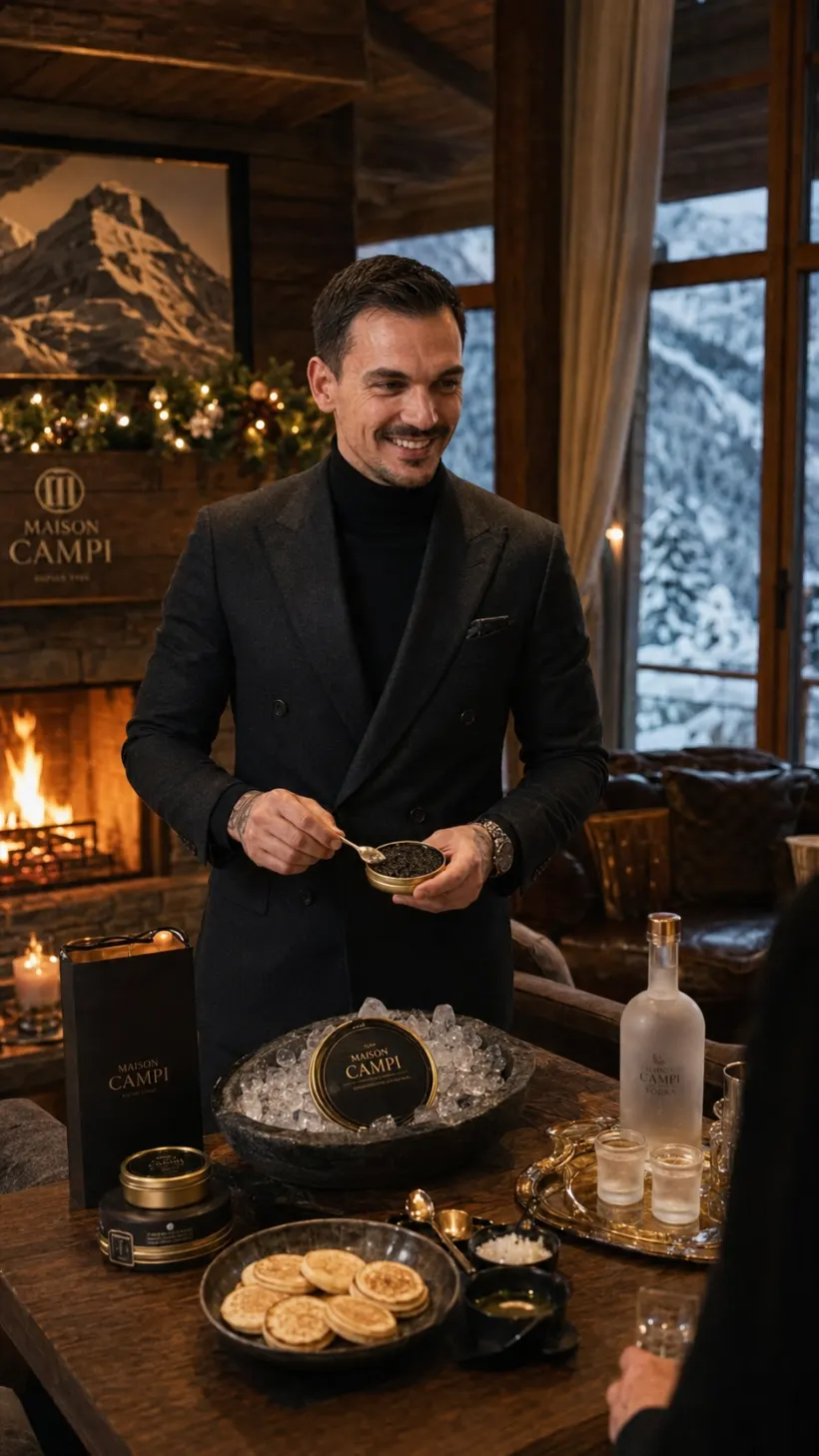 Service de caviar en live au coin de la cheminée d'un chalet