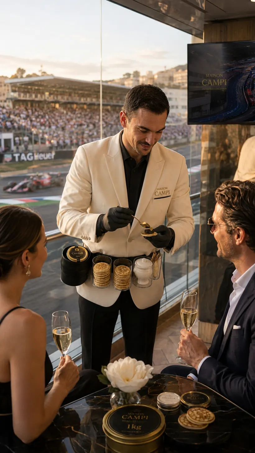 Service de caviar en live en loge de Grand Prix de Formule 1