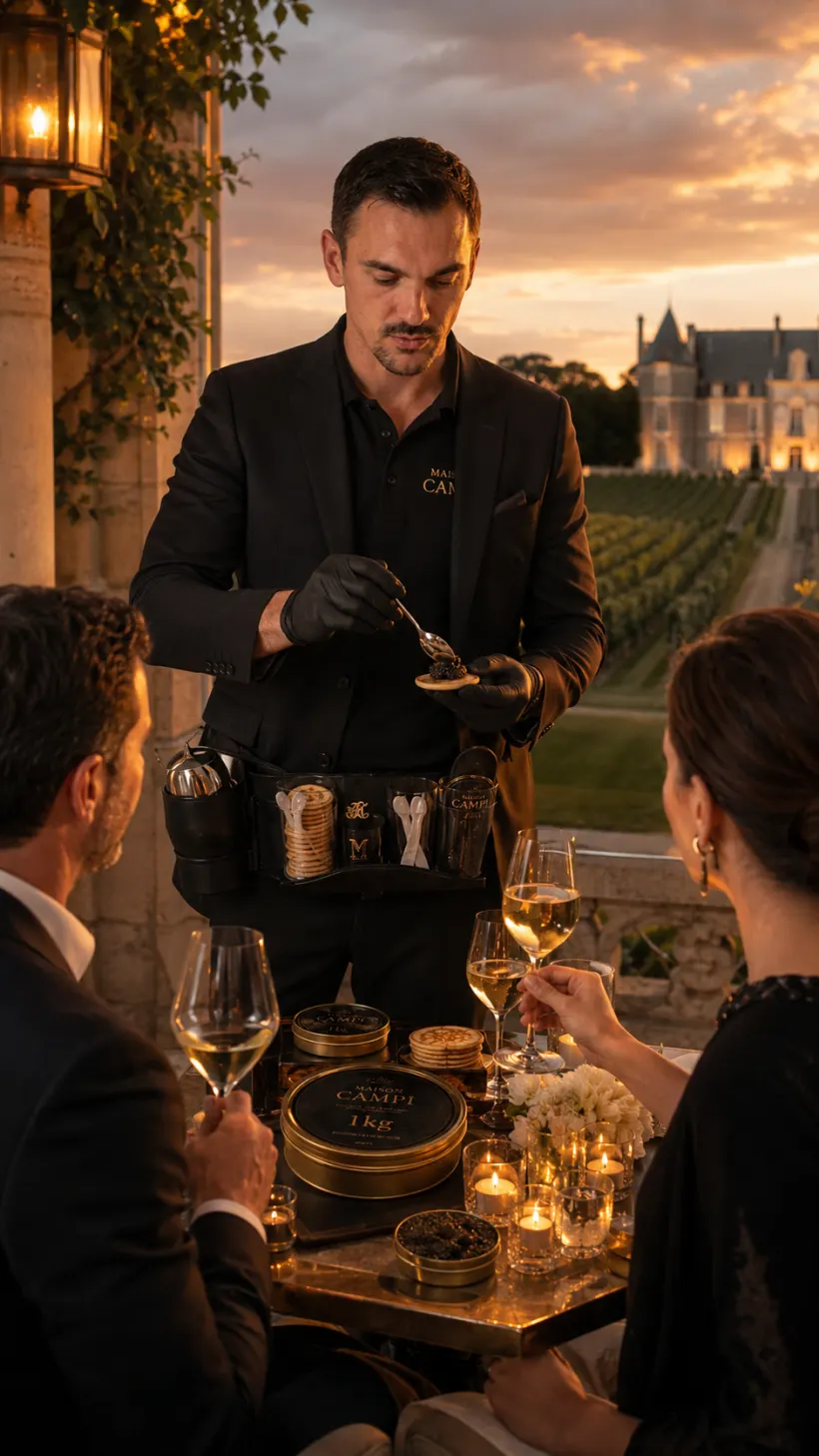 Service de caviar en live sur la terrasse d'un château