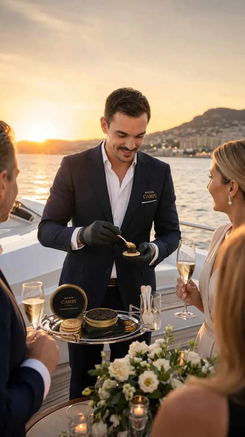 Dégustation de caviar sur un yacht au coucher du soleil