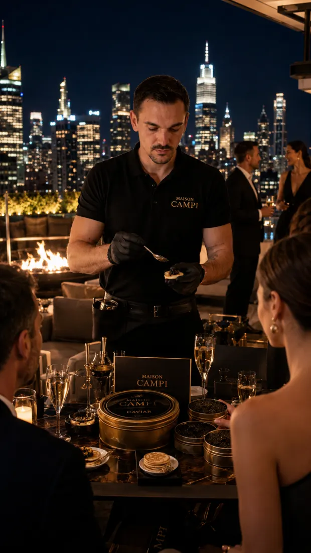 Comptoir à caviar sur un rooftop avec vue sur la ville la nuit